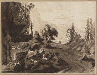 TvB G 6208
<br/>
Twee figuren op een weg langs een waterval
<br/>
<em>Brouwer, Cornelis (ca. 1733 - 1803)</em>